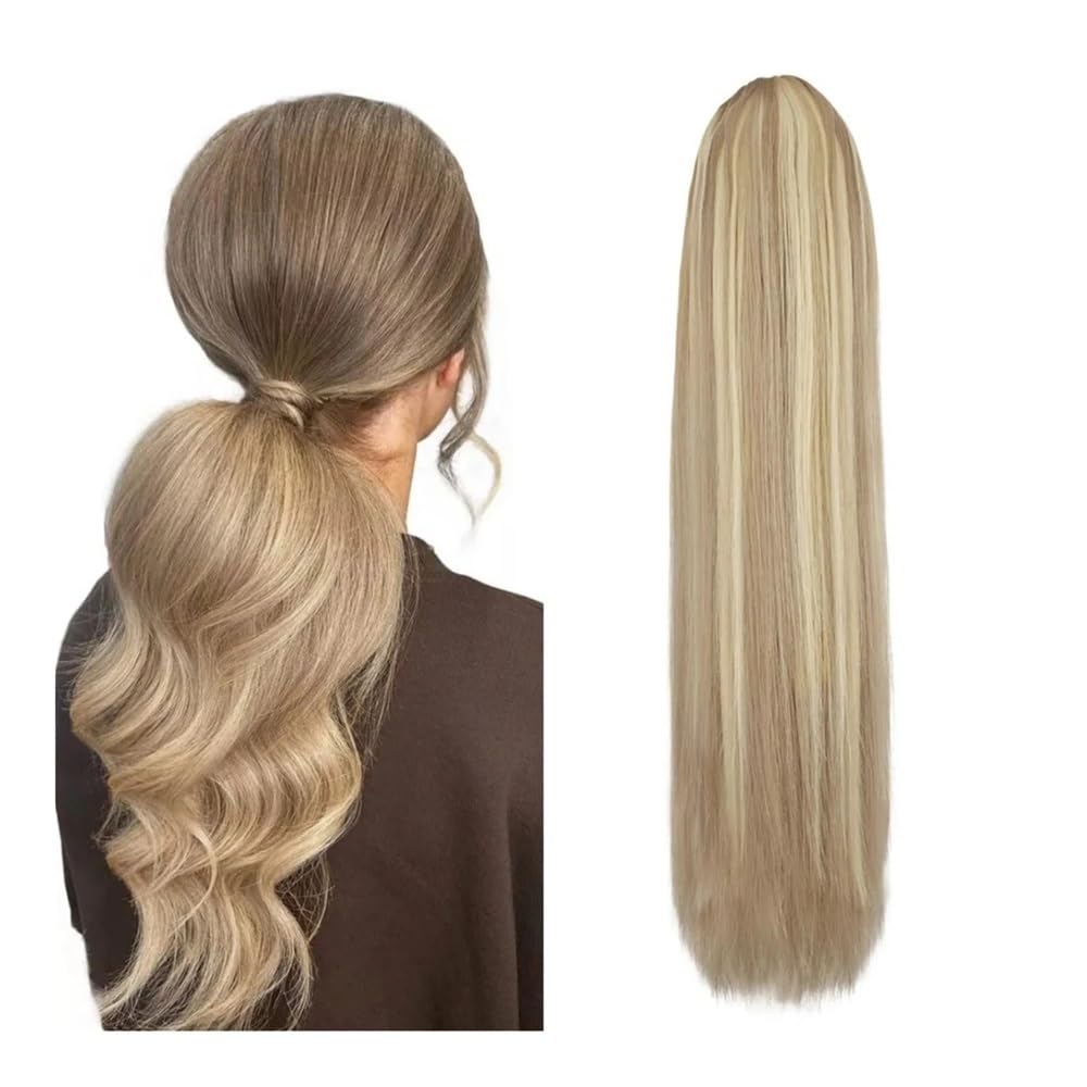 Extensions Haar Highlight Blonder langer Pferdeschwanz 120G Clip-In Haarverlängerungen Kordelzug Glatt Clip In 100% Echthaarverlängerungen #P8/613 Haarpflege(20inch)