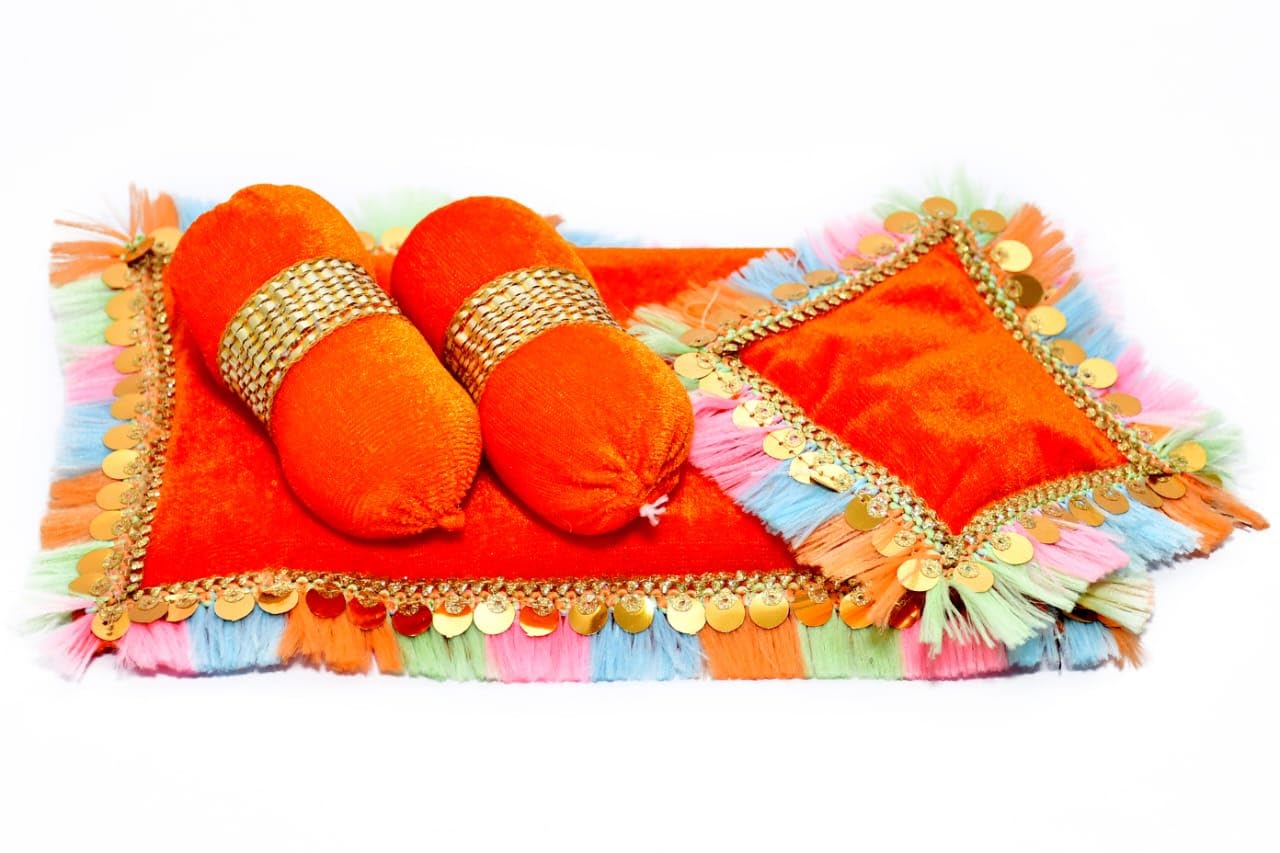 SAMRUDDHI Home Decor Laddu Bal Gopal Thakurji Bedding Set - Pack of 3 (Handcraft Aasan, Head & 2 Side Pillow Set) Laddu Gopal/Krishna ji Bister | Ladoo Gopal Aasan - Cotton/Velvet Material (Design 6) 1