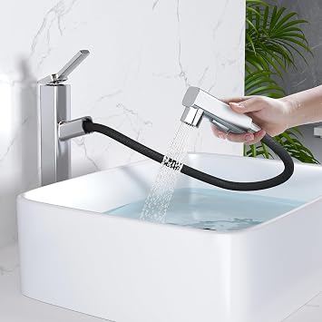 MIAOHUI Vessel Sink Faucet with Pull Out Sprayer, 3 Spray Mode Tall Bathroom Sink Faucet, High Bathroom Faucets for Sink 1 Hole, Single Handle Modern Vanity Faucet with Fountain Mode, Chrome