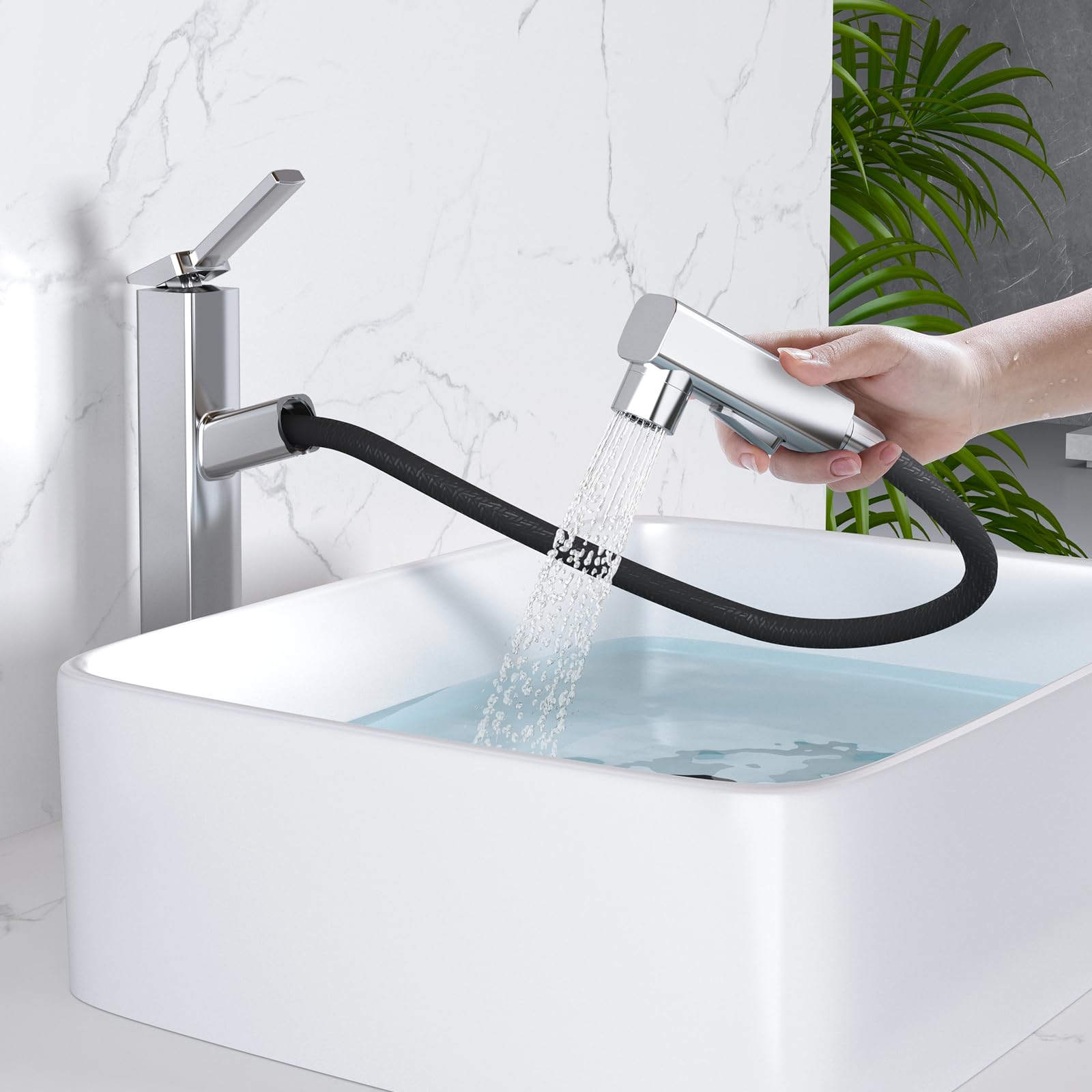 miaohui vessel sink faucet with pull out sprayer, 3 spray mode tall bathroom sink faucet, high bathroom faucets for sink 1 hole, single handle modern vanity faucet with fountain mode, chrome