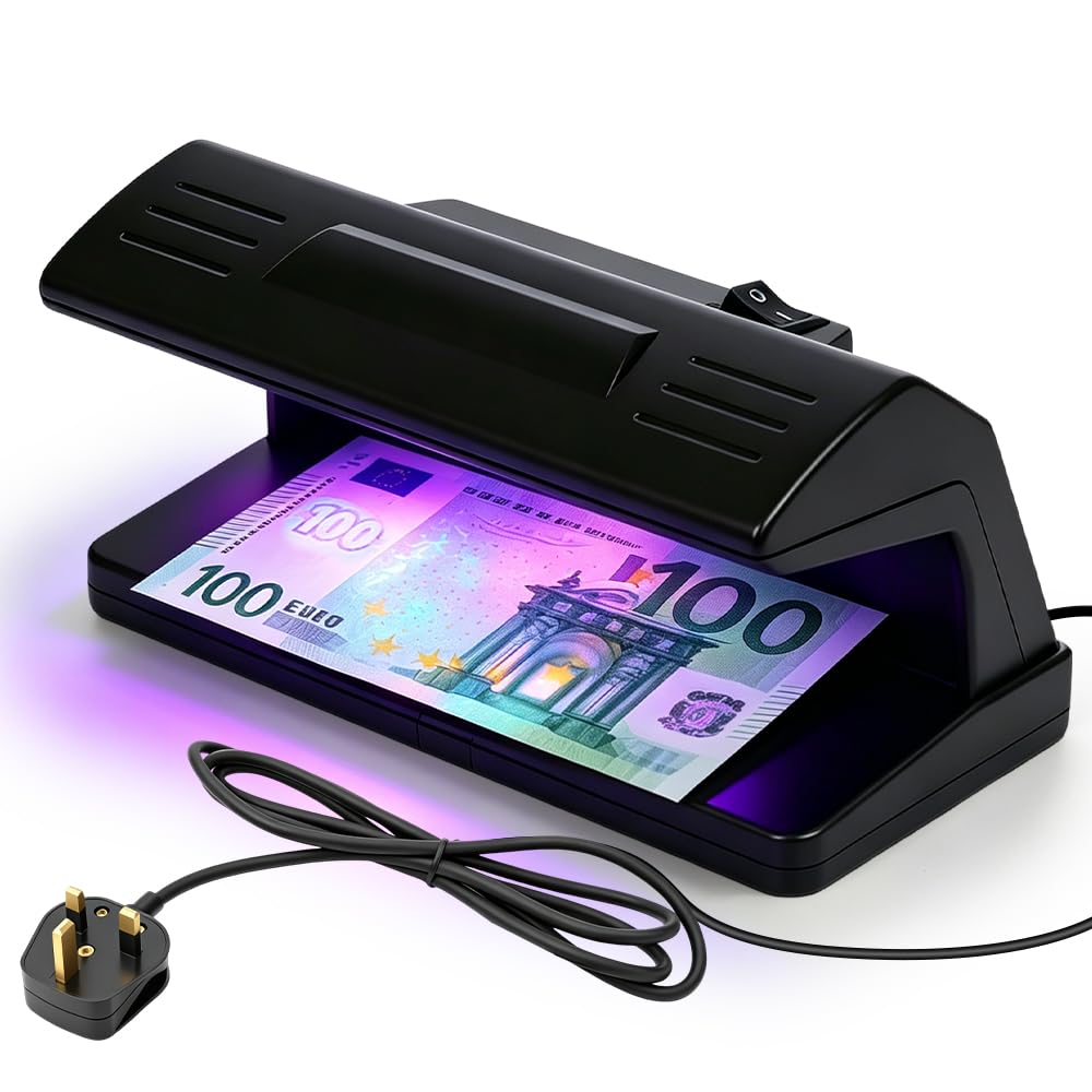 Note Checker UV Light, SGZIOO Counterfeit Money Detector, Portable UV Light Detector for Fake Prop Notes Authenticity, Check Fluorescent Mark Tracer Reflector, Money Checker Machine with UK Plug