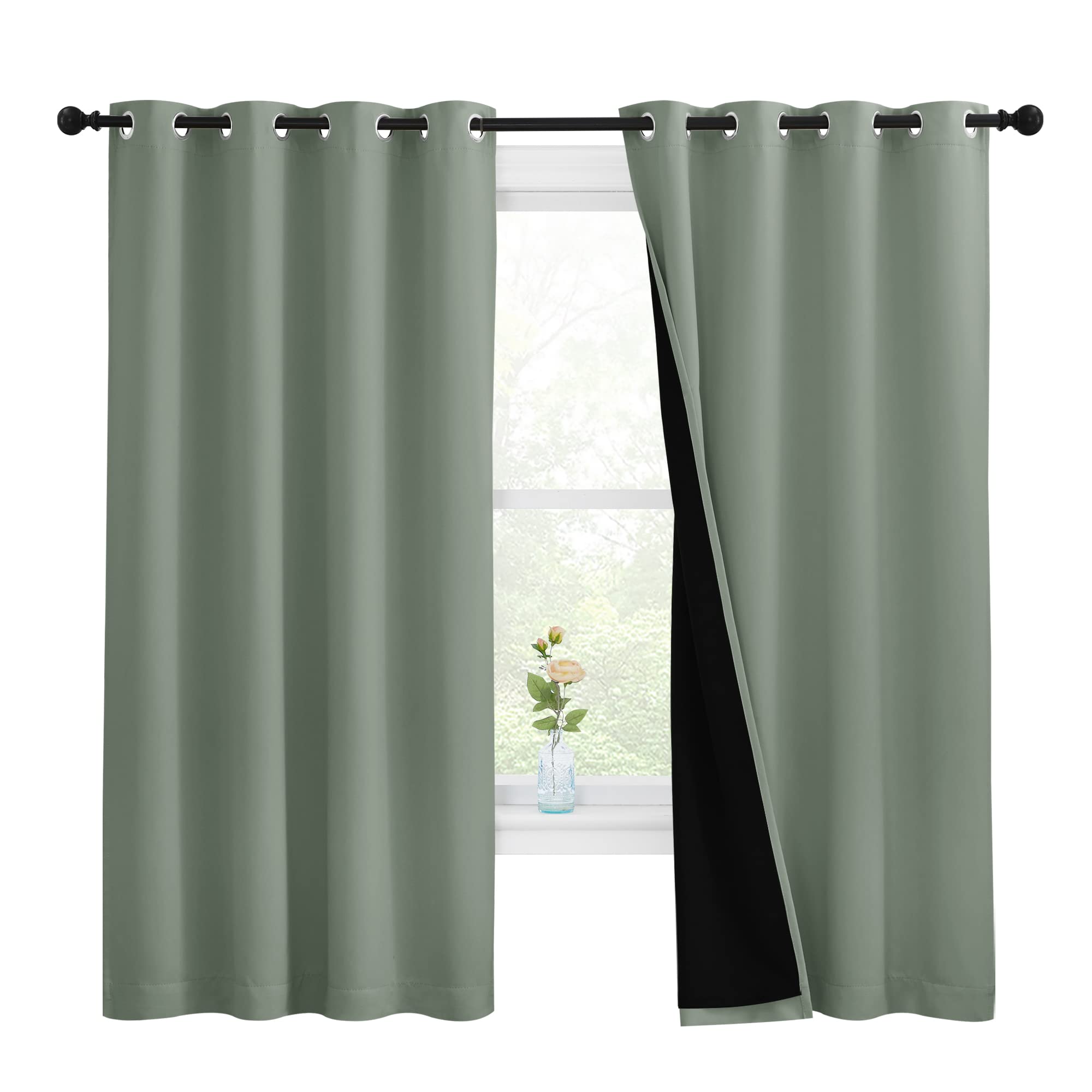 NICETOWN Greyish Green 100% Blackout Lined Curtains, 2 Thick Layers Completely Blackout Window Treatment Thermal Insulated Drapes for Kitchen/Bedroom (1 Pair, 55-inch Width x 68-inch Length per Panel)