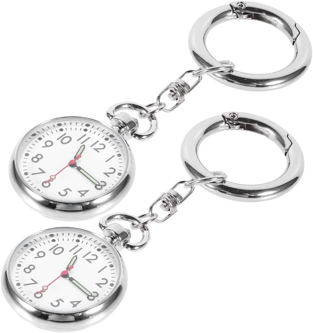 2Pc Nurse Medical Pocket Watches with Hanging Buckle Water Resistant Analog for Nurses Doctors Students and Convenient Clip Silver Design