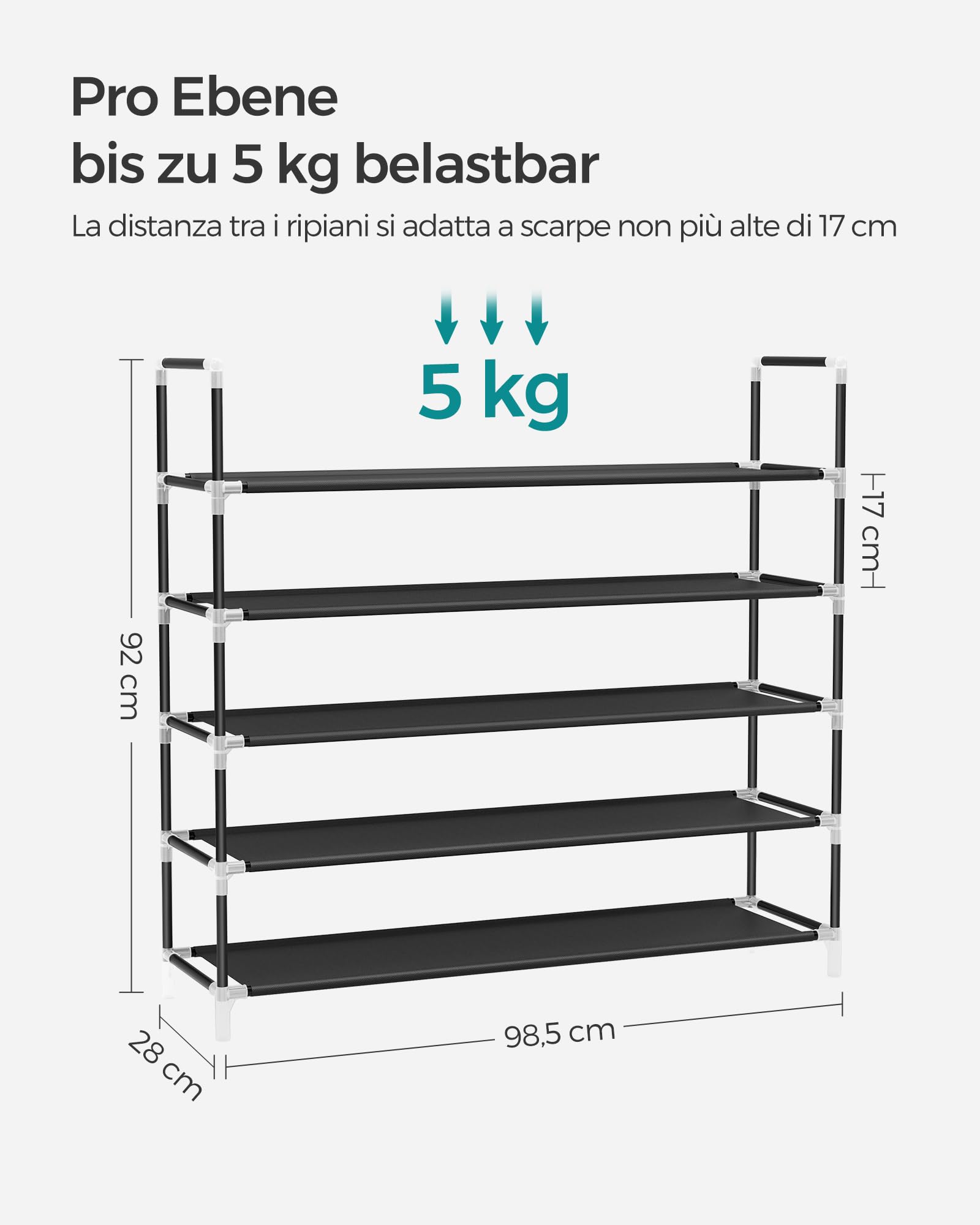 SONGMICS 5-poziomowy stojak na buty, schowek na buty do szafy na korytarz, smukły i oszczędzający miejsce, metalowa rama, półki z włókniny, czarny LSH55HV1