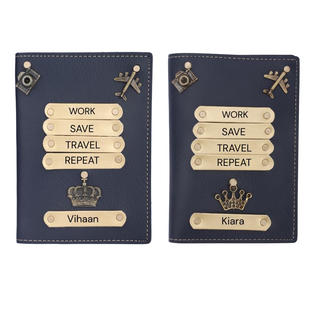 Personalized Leather Name with Charm Couple Passport Cover | Customized Gift Combo for Boyfriend Girlfriend Friend Husband Wife Father & Mother (Blue)-image-34
