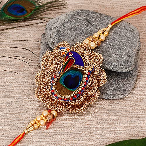 Image of eCraftIndia Set of 5 Blue & Golden Religious Designer Rakhis for Brother Bhabhi Bhaiya Bhai Kids