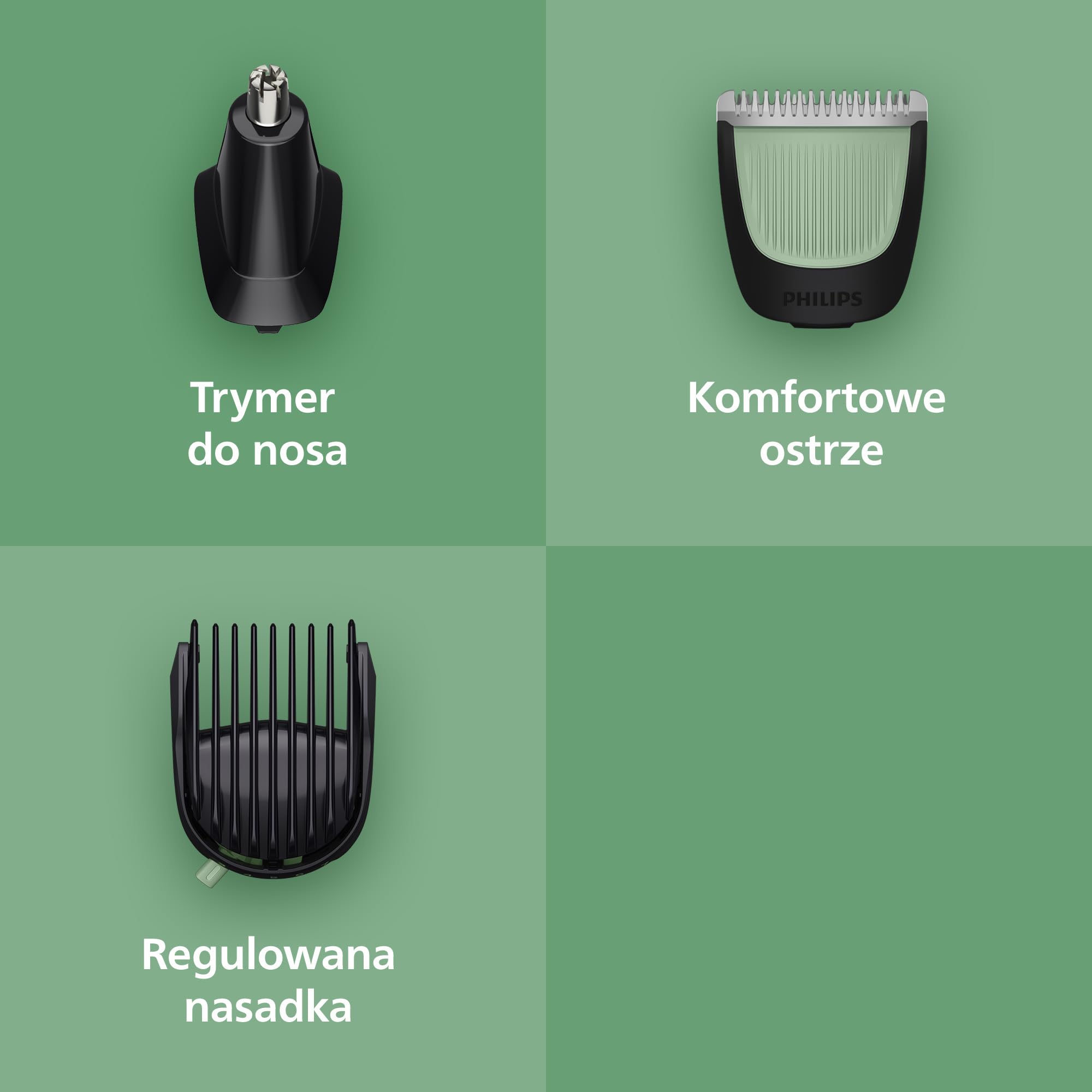 Philips Multigroom All-in-One z serii 3000 – 7-elementowy trymer do twarzy i głowy, samoostrzące się, przyjazne dla skóry ostrza, 10 ustawień długości, model MG3930/15