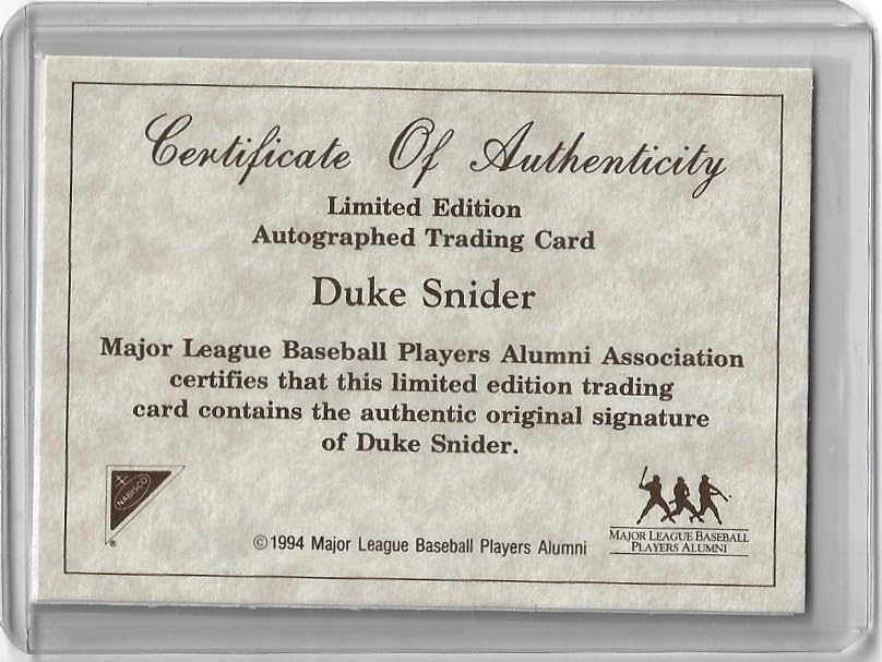 Duke Snider Autographed AllStar Legends Autographs Collectible Baseball Card From Nabisco Crackers Includes COA - 1994 Major League Baseball Player's Alumni (Dodgers)