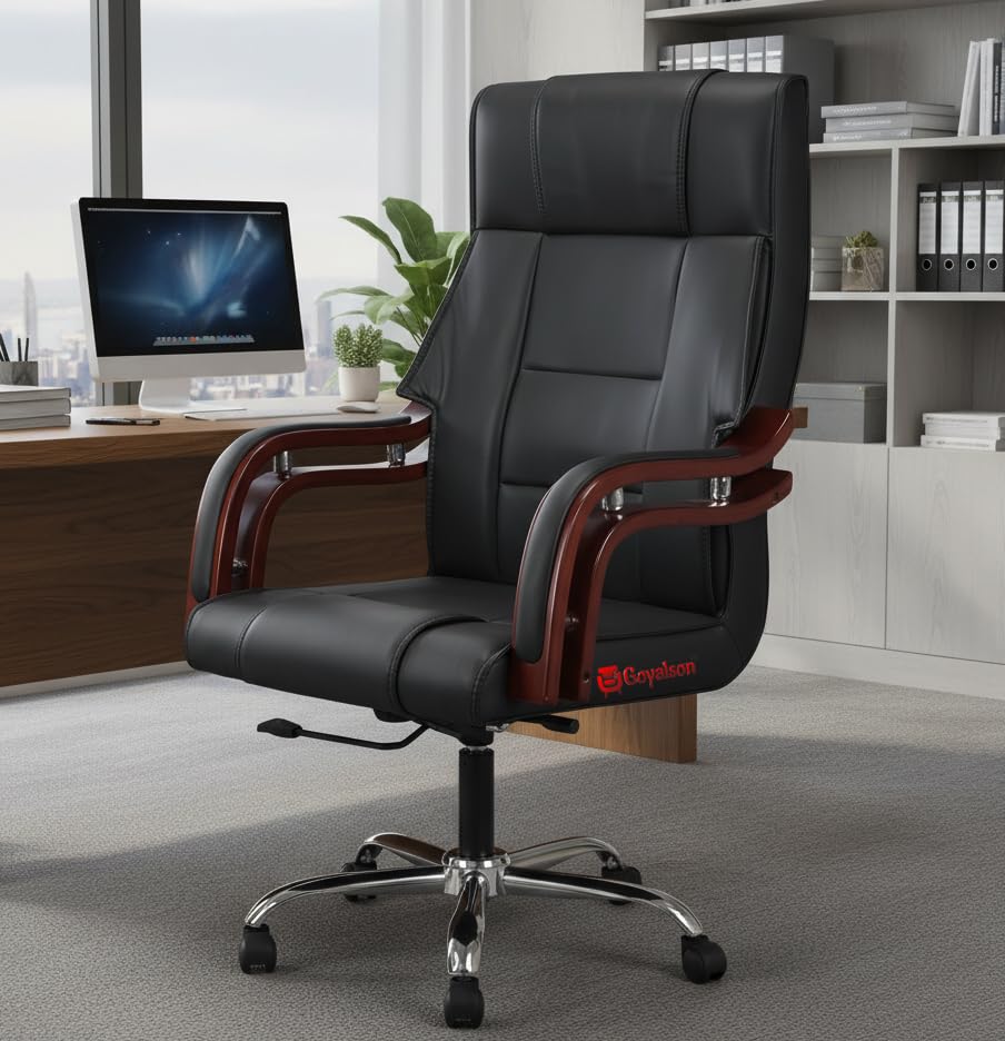 Image of GOYALSON Comfortable Revolving Chair for Director Principal Manager Office with arm Rest with Wheels and Cushioned seat Back Chair (1, Black, Wooden Handle High Back)