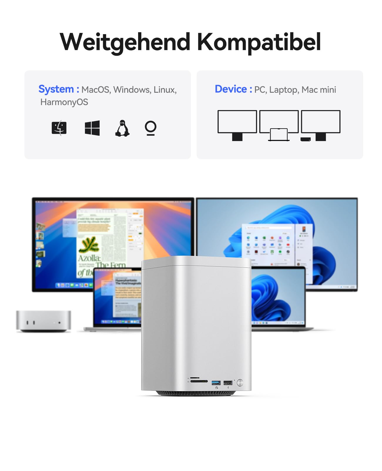 ORICO MiniTower Carcasa RAID de dos bahías con estación de acoplamiento hasta 56TB, HDD SATA de 2,5/3,5 pulgadas*2 / SSD NVMe*1, carcasa de aluminio, Hub USB C de 10Gbps para Mac mini, MacBook, Macs