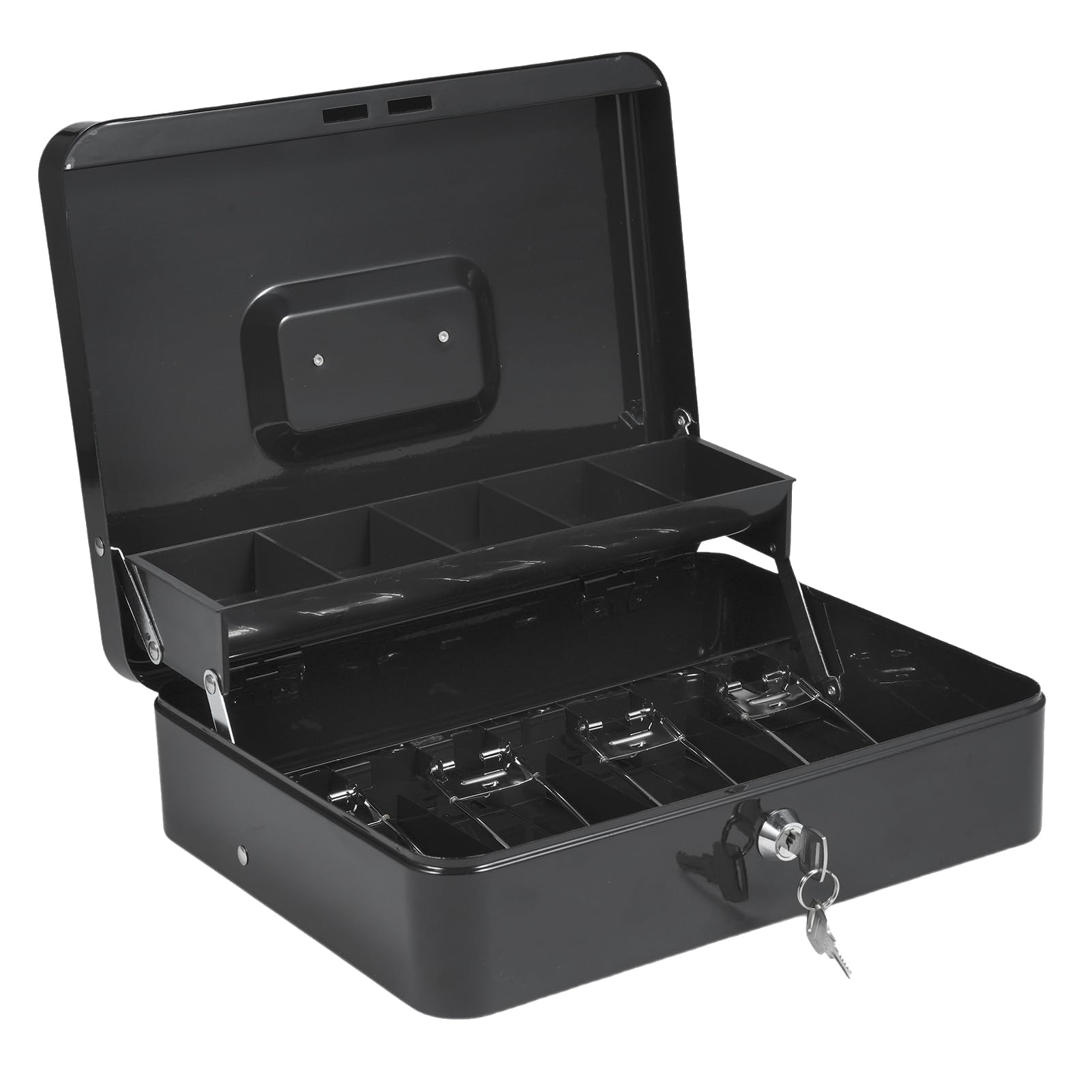 Cassettiera in metallo con serratura, cassettiera per piccole imprese, con vassoio portamonete a sbalzo a 5 scomparti e 4 scomparti per banconote dotati di fermagli a molla,