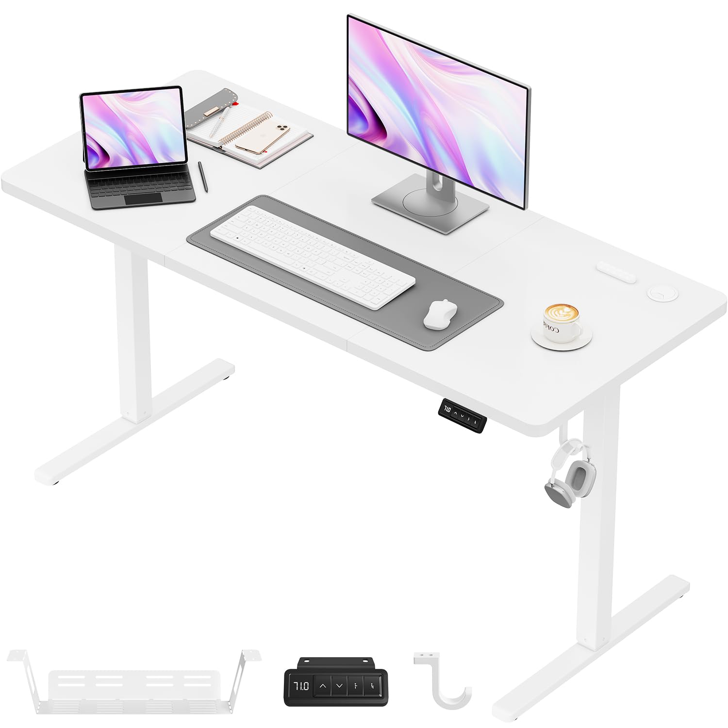 JUMMICO Elektrisch Höhenverstellbarer Schreibtisch 140 x 60 cm, Schreibtisch Höhenverstellbar mit 2 Memory-Funktion, Steh-Sitz Bürotisch, Computertisch mit Kabelmanagement Box, Wolkenweiß