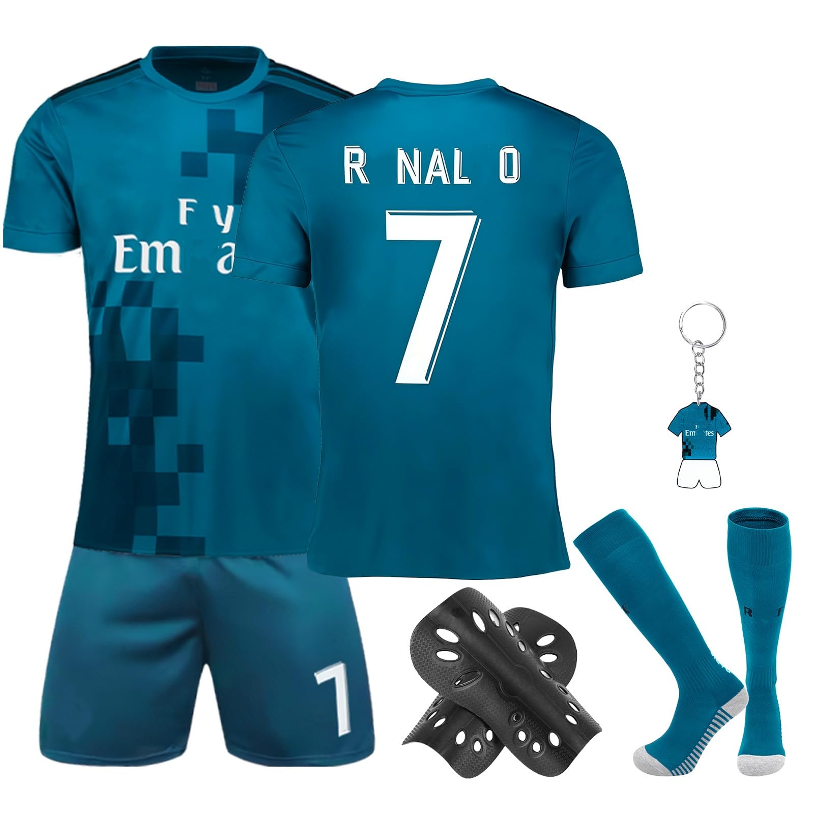 Fußball Trikot für Kinder, Trikot Nr. 7 Fußballtrikots Fussball T-Shirt Shorts Socken Schlüsselanhänger und Schienbeinschoner Set, Outdoor Football Jersey für Jungen