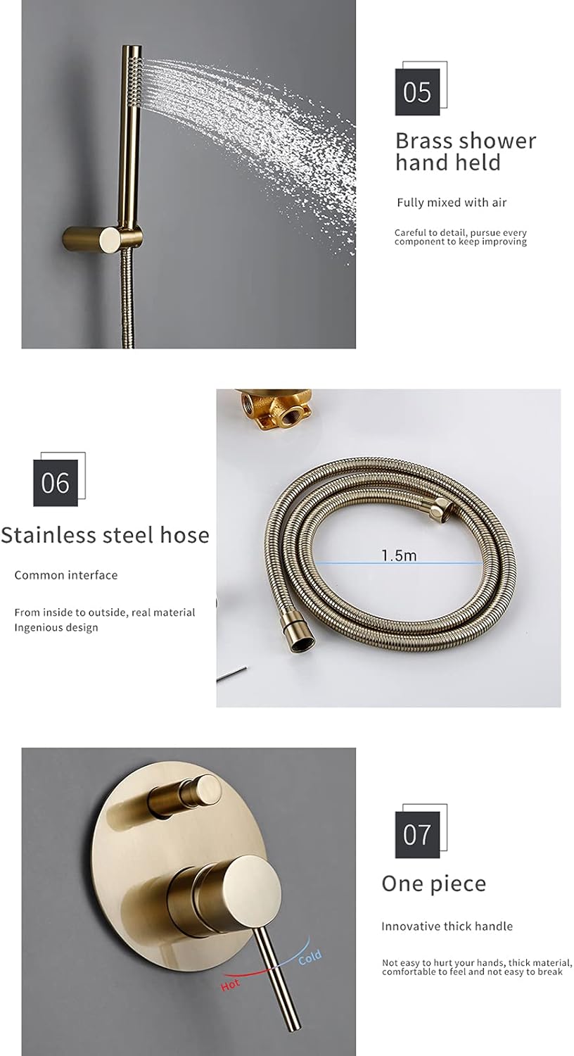 ハンドヘルドシャワー、ブラッシュゴールドシャワーシステム、レインシャワーヘッドとハンドシャワー付き、バルブ付きソリッドブラスシャワー シャワー システム、高圧降雨デュアルシャワーヘッド、バスルーム12インチレインシャワーヘッドハンドヘルドコンボセット ...