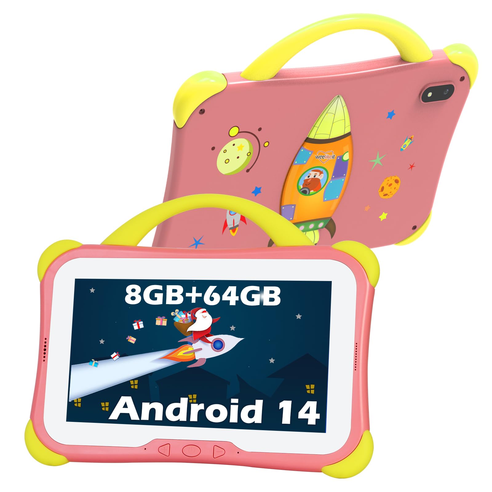 Weelikeit Kids Tablet 7 inch with 8GB RAM 64GB ROM Android 14, Dual Camera, WiFi, Bluetooth - Educational Learning Device with Parental Control and Apps for Girls Boys (Pink)
