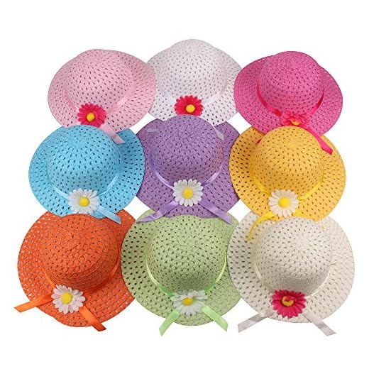 Girls Sunflower Straw Tea Party Hat Set (9 Pcs, Assorted Colors)