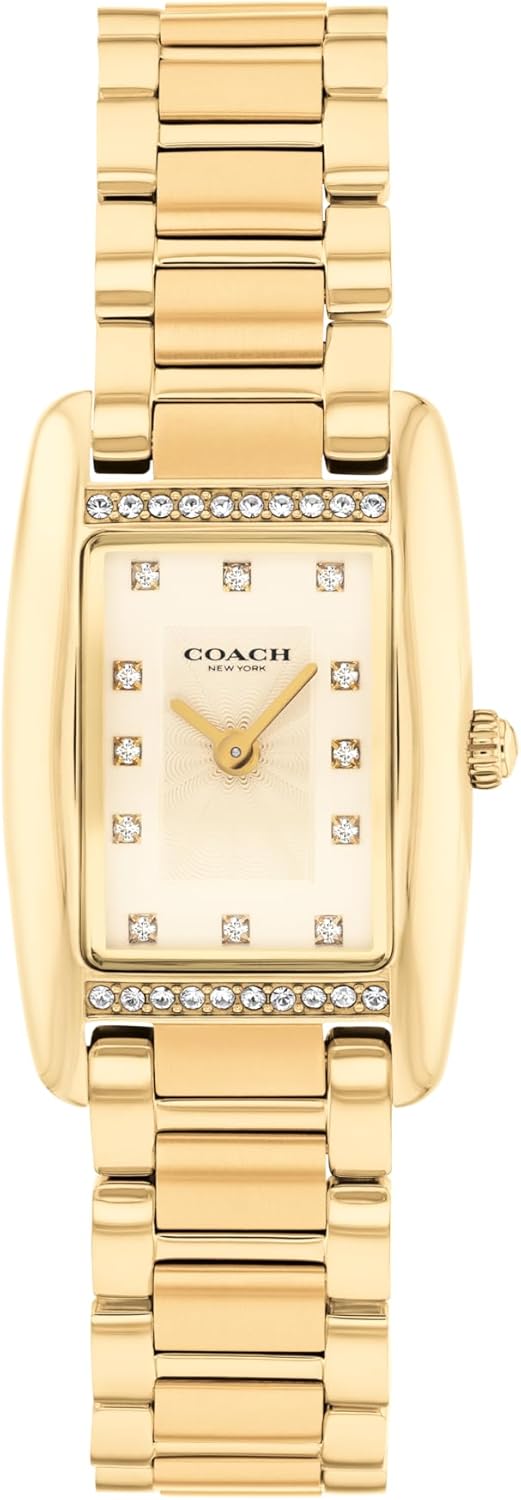 COACH Women's Reese 2H Quartz Watch, Petite Rectangle Case, Stainless Steel Link Bracelet with Crystal Accents, Timeless Minimalism for Every Day - Gift for Her