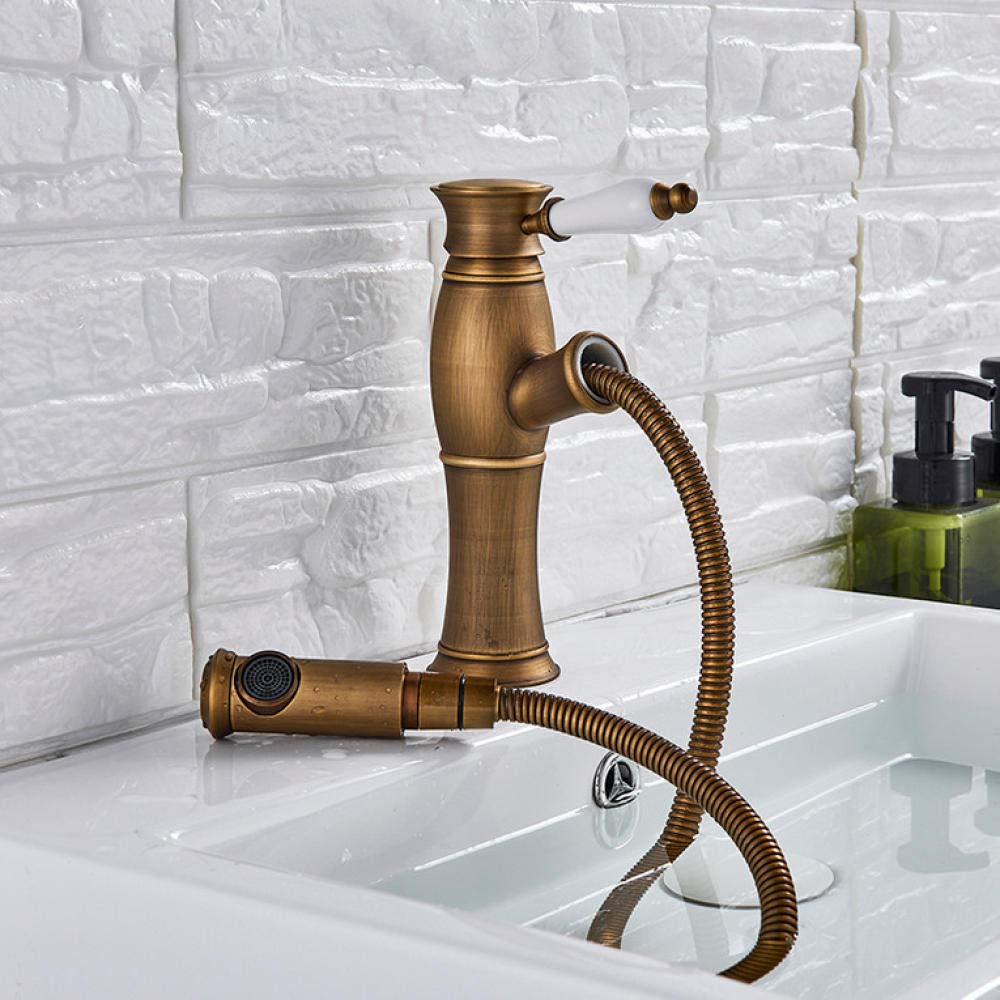 Latón antiguo Extraíble Grifo del fregadero de la cocina Montura en la cubierta Grifería monomando Lavado Grifo de lavabo Grifo de cerámica simple Grifo caliente y frío