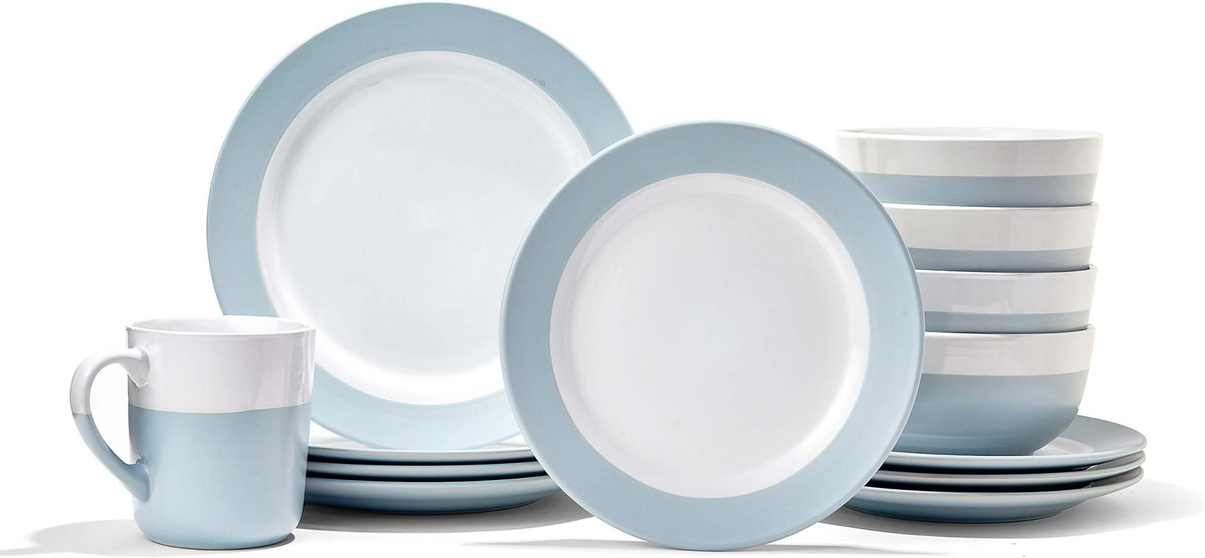American Atelier Serene Round Dinnerware Set – 16-Piece Stoneware Party Collection w/ 4 Dinner Salad Plates, 4 Bowls & 4 Mugs, Light Blue