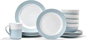 American Atelier Serene Round Dinnerware Set – 16-Piece Stoneware Party Collection w/ 4 Dinner Salad Plates, 4 Bowls & 4 Mugs, Light Blue