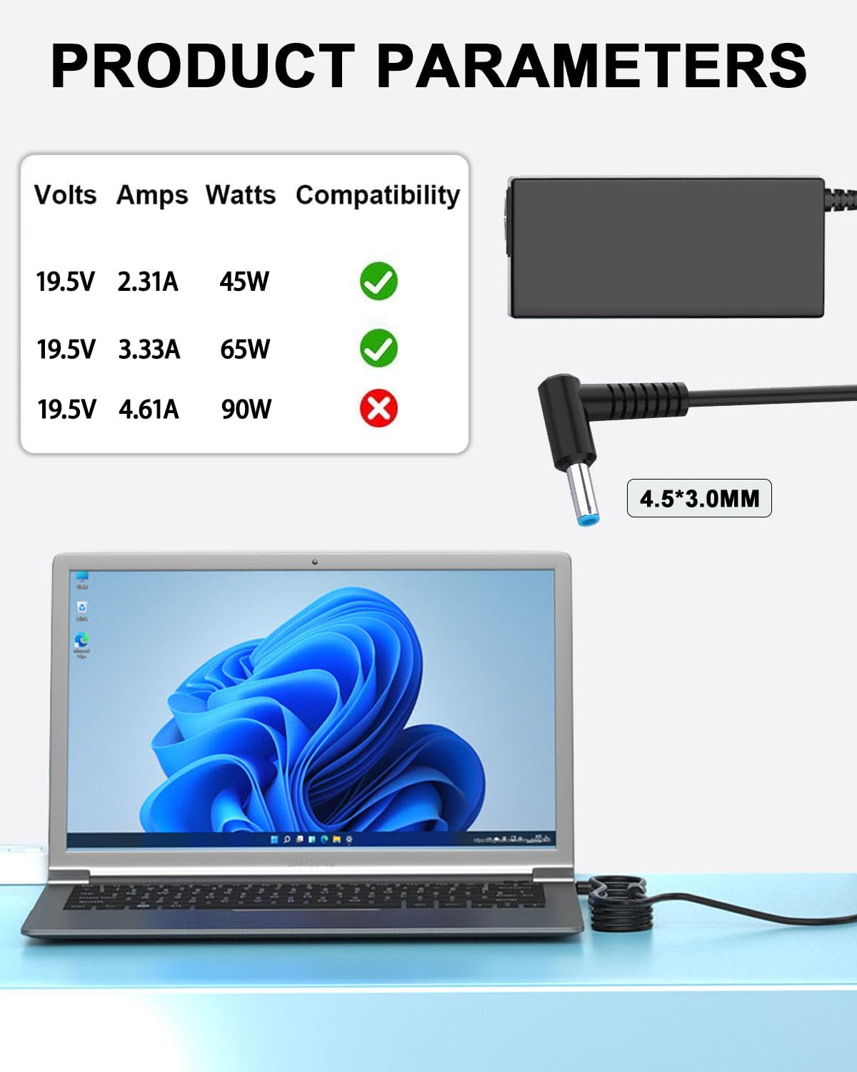 65 W Caricatore Compatibile con HP 17 15s 14 14s: 15-CS 15-CP 15-DA 15-DB 15-DY 15-EF 15-FD: 15-ef0023dx ef0021nr ef0875ms 15-fd0083wm 15-cs3055wm, 14-DK 14m 14s 14-dk portatile da