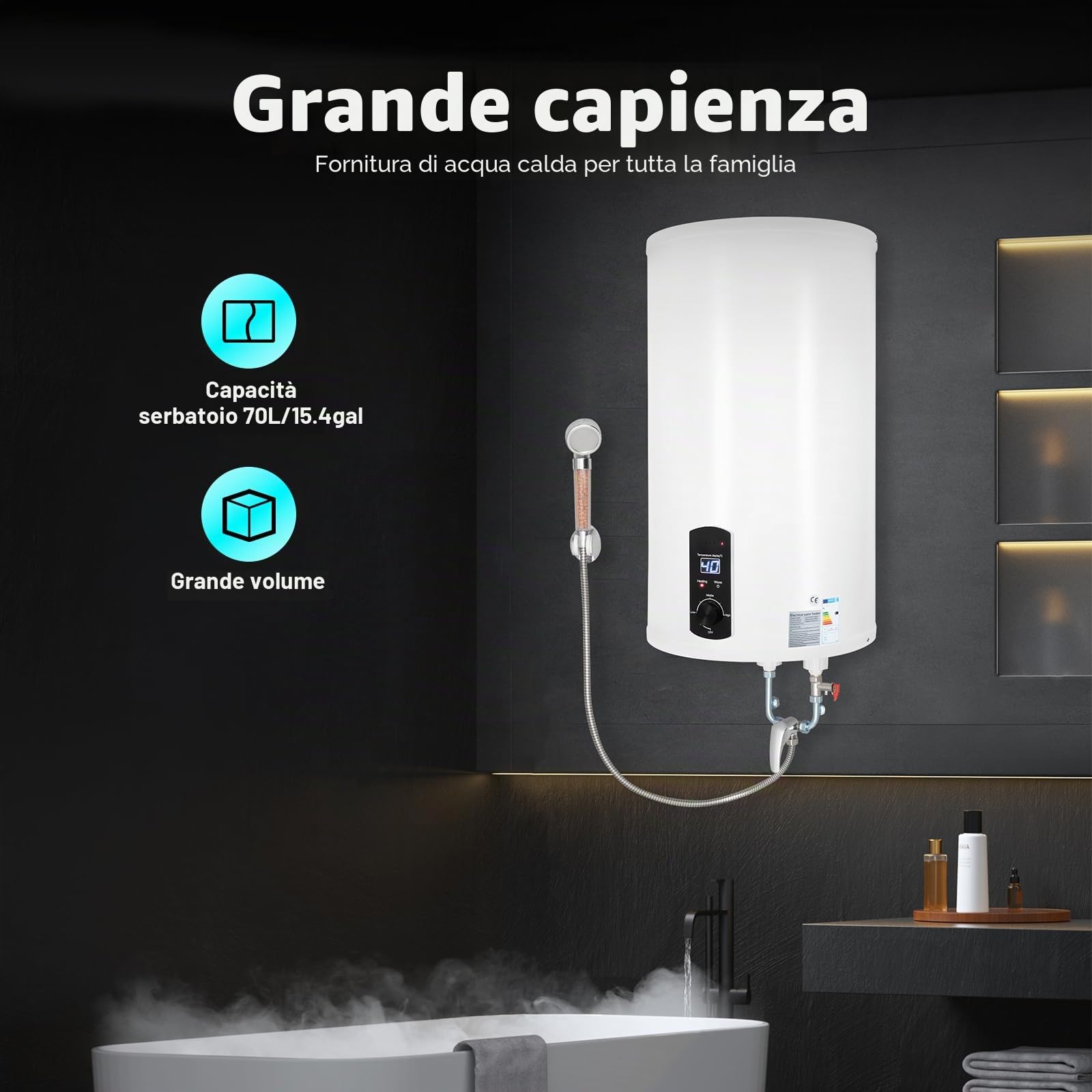 Scaldabagno Elettrico 35/50/60/70 Litri, Boiler Elettrico da Parete 2000W, Max. Temp 75°C, 220V, Verticale, Serbatoio in Acciaio Smaltato, Scaldacqua Elettrico Bagno e Doccia (70 Litri)
