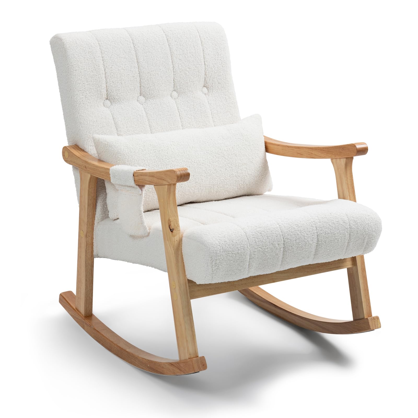 EROMMY Fauteuil à Bascule, Fauteuil de Relaxation en Tissu Teddy avec Coussin Lombaire & Poche Latérale, Rembourré en Tissu Doux, avec Cadre en Bois de Caoutchouc, pour Salon, Chambre à Coucher, Blanc