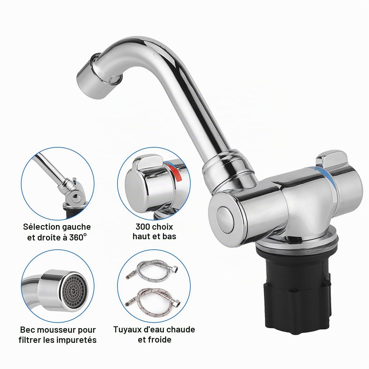 Robinet de Camping-car à Filetage G1/2in en Alliage de Zinc à 360 Rotations Robinet de Bassin d'eau Chaude et Froide pour Camping-cars Caravanes Yachts Véhicules à Grande échelle avec Cuisines