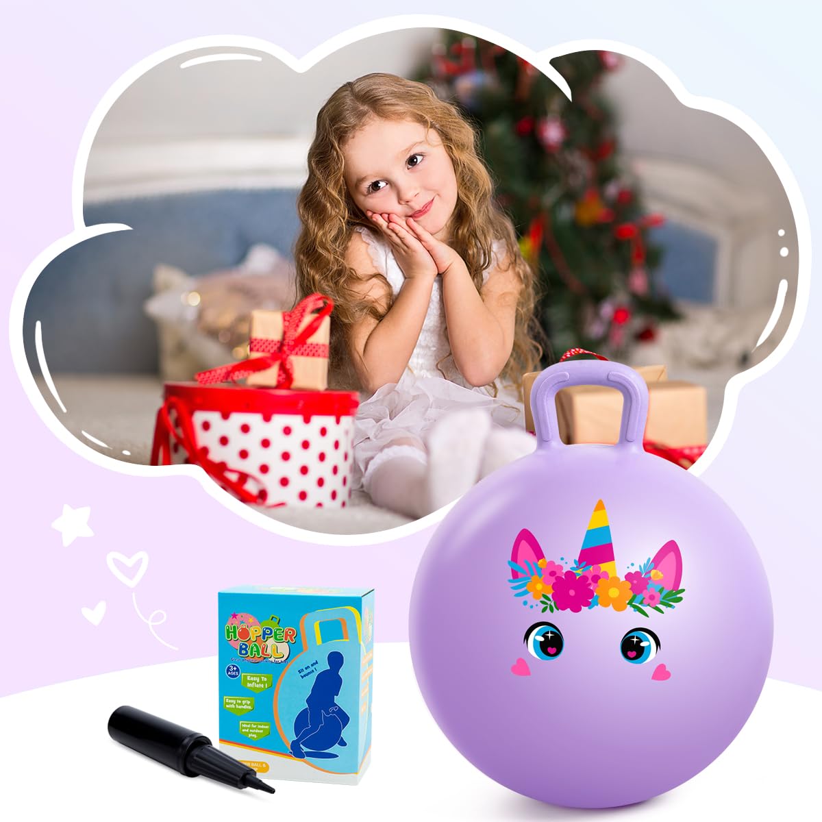 INPODAK Violett Einhorn Hüpfball für Kinder rutschfest Space Hopper 100 KG Belastbar Sprungball mit Griff Aufblasbarer Hopper Ball mit Pumpe 18 Zoll Hüpfball für Kinder 3-8Jahre Drinnen & Draußen