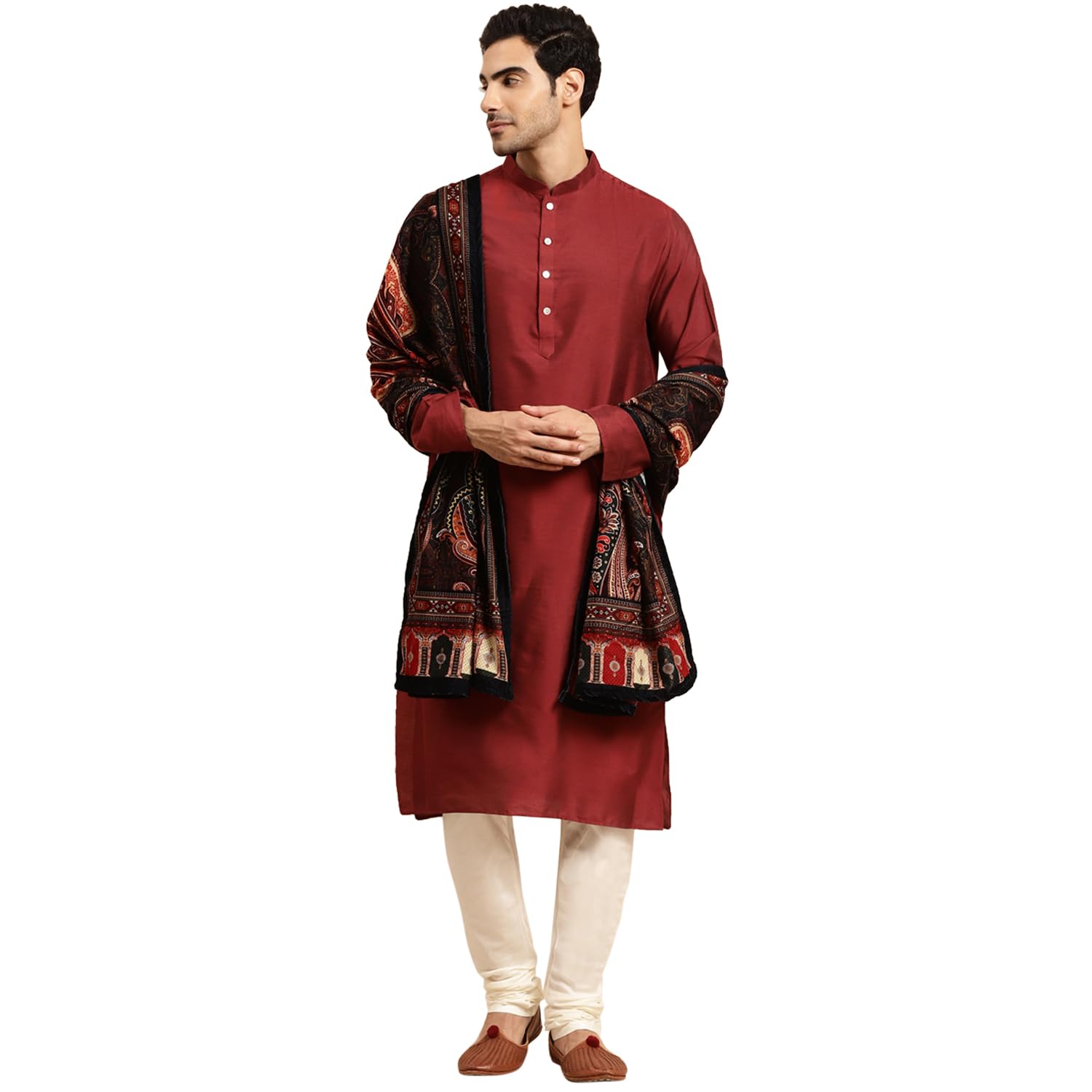Men Maroon Kurta Set, Full Sleaves, Knee Length, Mandarin Collar Ethnic wear-image-0