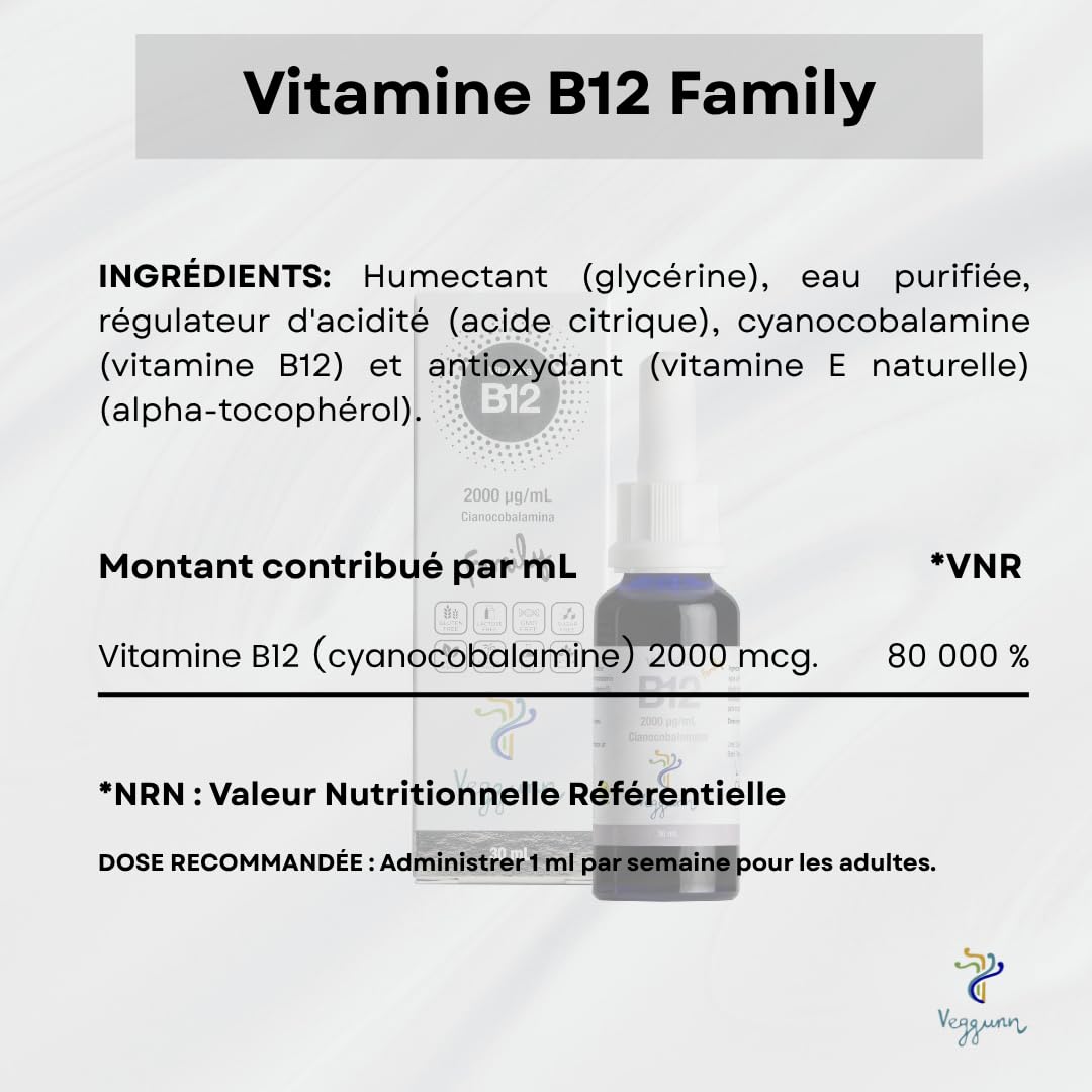 Vitamine B12 Family - 30 ml. pour 30 Semaines - 2000 mcg/ml. - B12 Vitamine Sublingual pour Adultes et Enfants - Complément Alimentaire Naturel qui Aide à Améliorer le Métabolisme