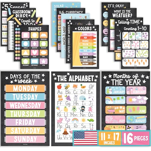 Image of Hadley Designs 16 Educational Posters for Classroom Decor - Learning Posters for Toddlers 1-3, Alphabet for Classroom Wall, Daycare Essentials, Homeschool Posters Preschool, Chalkboard Playroom Decor