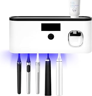 Toothbrush Sterilizer Holder Wall-Mounted | USB Rechargeable Automatic Toothpaste Dispenser, 5-Slot Bathroom Organizer with LED Display (Large)
