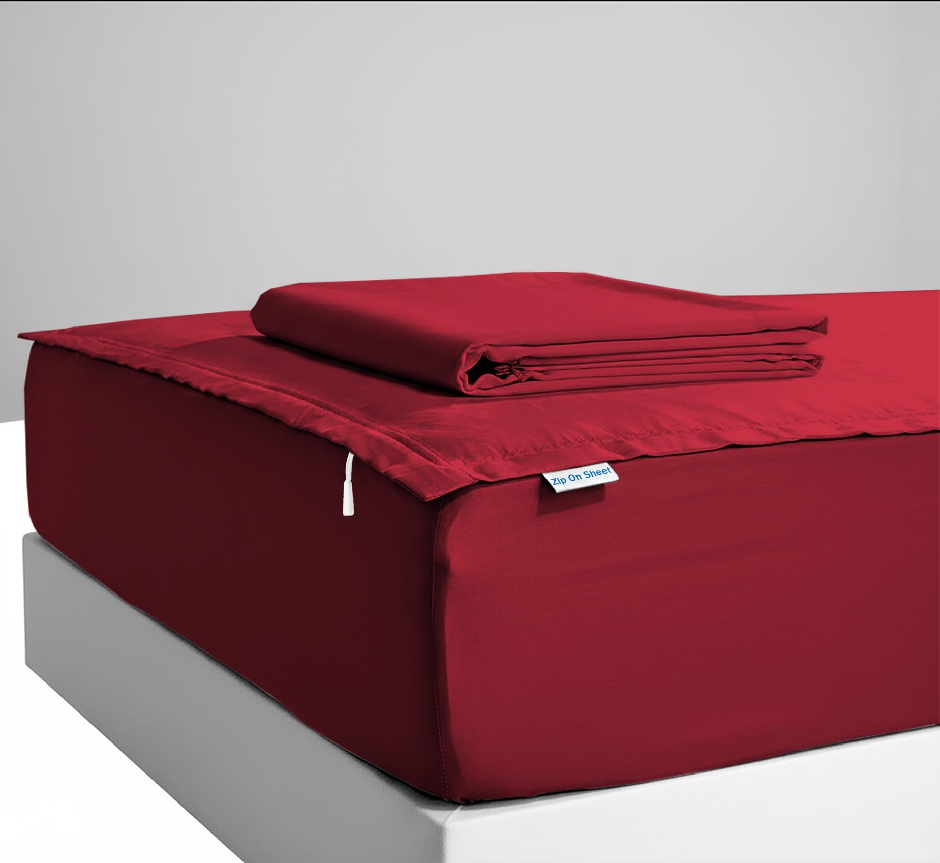 Zip On Sheets™ Zipper Fitted Sheet Twin XL Size - Upto 16” Inch Deep Pockets - Includes 1 Fitted Sheet Base & 2 Zip-On Sheets - Easy to Use, Sateen Cotton 500 TC Fitted Sheet - Burgundy