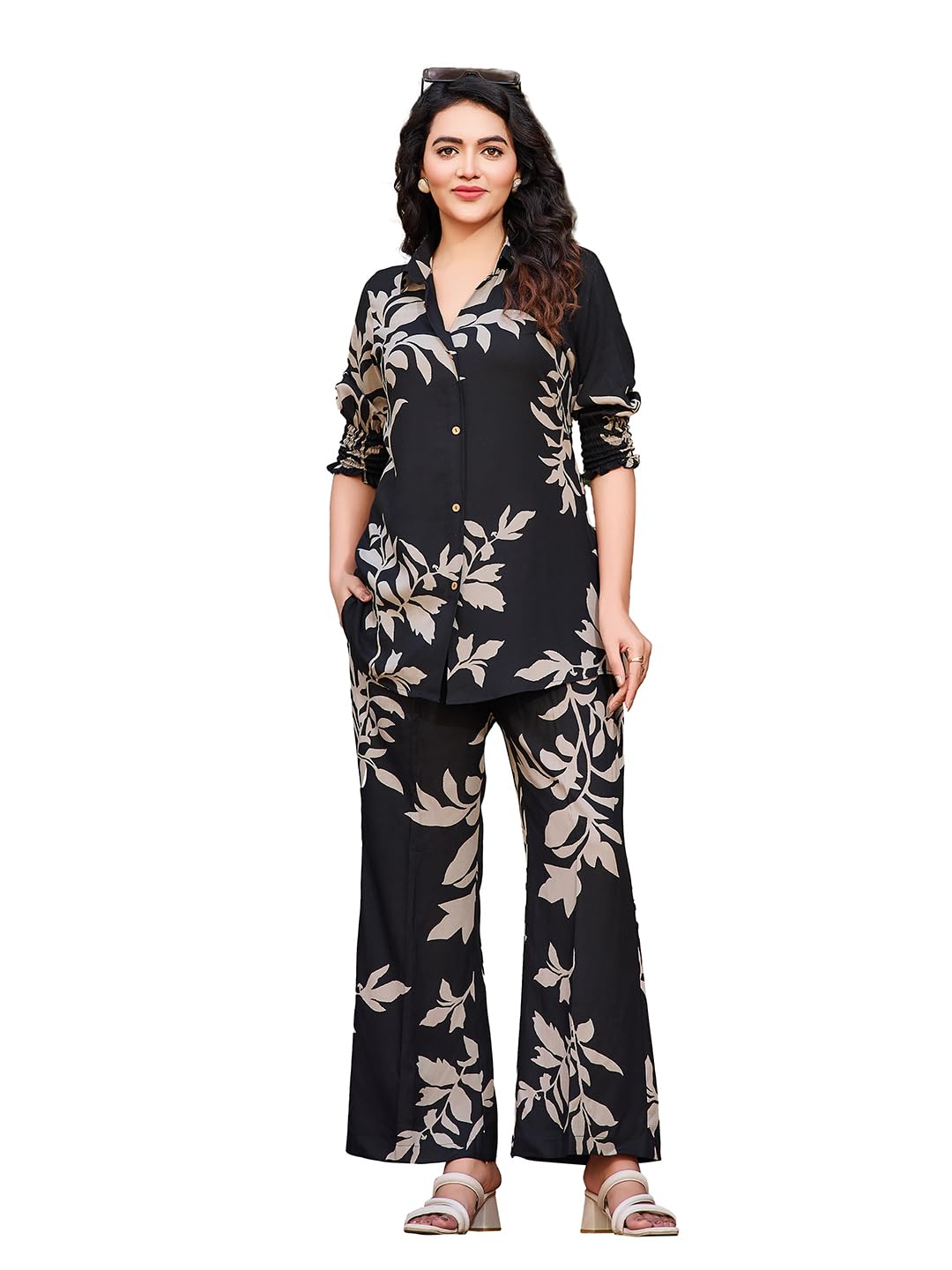 2-Piece Women's Co-ords Set - Viscose Rayon Shirt Collar 3/4 Sleeve Regular Fit Casual Shirt & Trousers Printed Design