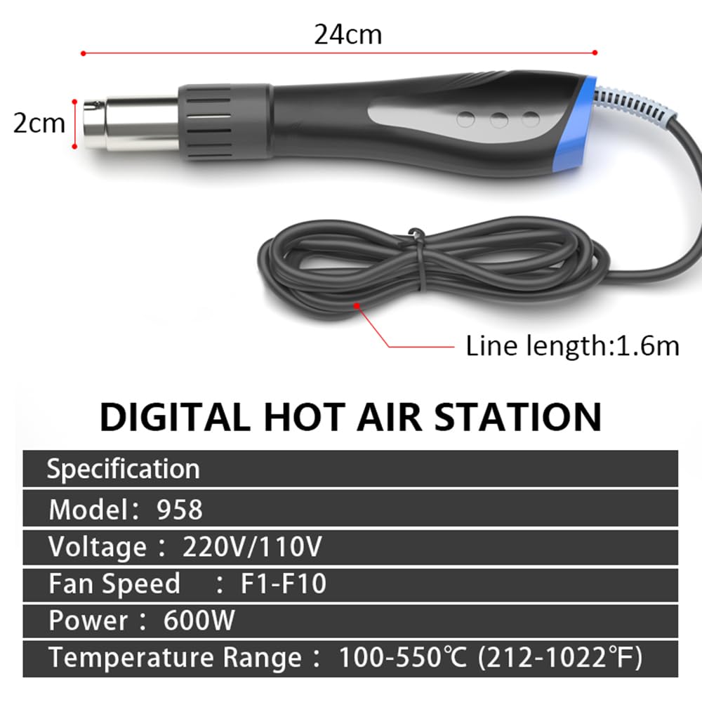 Weytoll Pistolet à air chaud 600 W, kit d'outils de soudure portable avec affichage numérique LCD et 7 buses pour réparations de soudure SMD et SMT