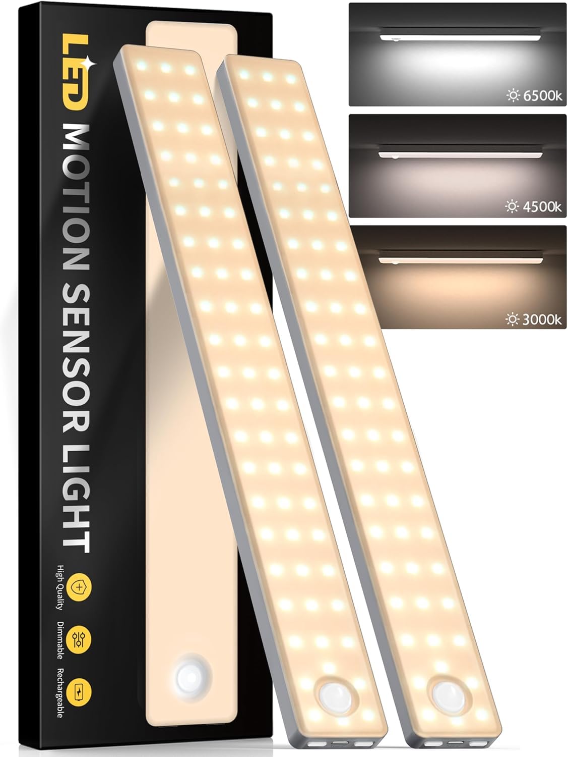 Under Cabinet Lighting, 3 Color Temperatures Motion Sensor Light Indoor 2 Pack, USB Rechargeable Battery Operated Closet Lights, Wireless Dimmable LED Cabinet Lights, Under Counter Light for Kitchen