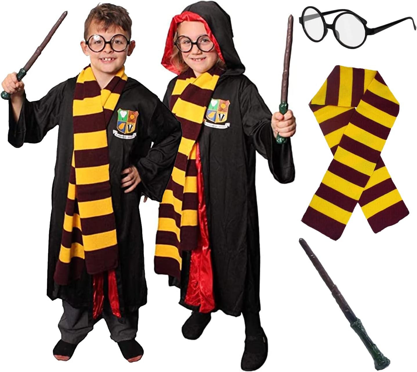 Childs Wizard Costume - Black Robe with Magical School Logo, Maroon & Gold Scarf, Round Glasses and Branch Wand - Kids World Book Day Book Week Fancy Dress Costume