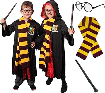 Childs Wizard Costume - Black Robe with Magical School Logo, Maroon & Gold Scarf, Round Glasses and Branch Wand - Kids World Book Day Book Week Fancy Dress Costume - View 2
