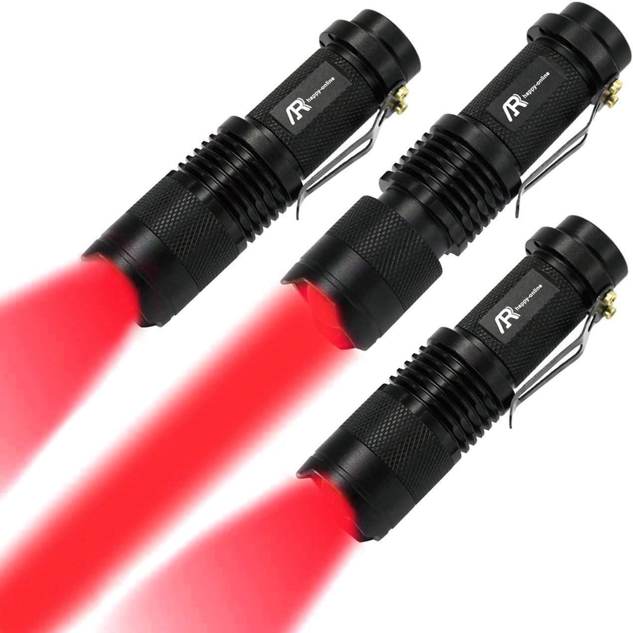 AR Happy Online Red Flashlight, 3 Modes Red LED Flashlight, Zoomable, Water Resistant, Durable, Hunting, Astronomy, Aviation, Night Observation (3 Pack)