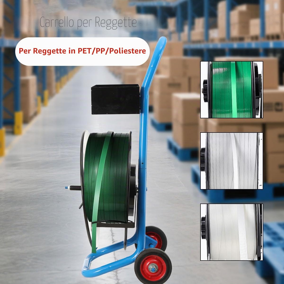 Carrello per Reggiatura, Carrello per Fascette da Imballaggio Professionale con Ruote per Reggia PP/PET/Fibra da 203 mm Fino a 70 kg, Magazzino e Uso Esterno