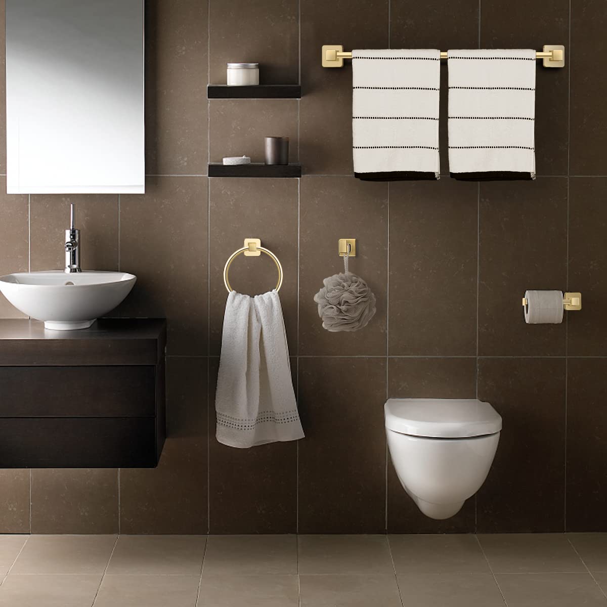 DEGULAS Bathroom Hardware Set 4 Pieces, Gold Towel Bar Set, Includes 24In Towel Bar, Towel Ring, Robe Towel Hooks,Toilet Paper Holder, Bathroom Towel Rack Set