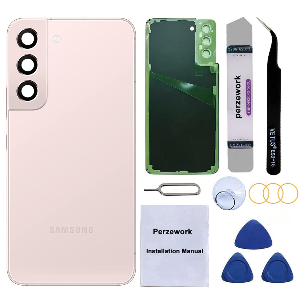OEM Rear Back Glass Replacement for Samsung Galaxy S22 6.1 inches 5G with Reparing Toolkit and Pre-Installed Adhesive (Pink Gold)