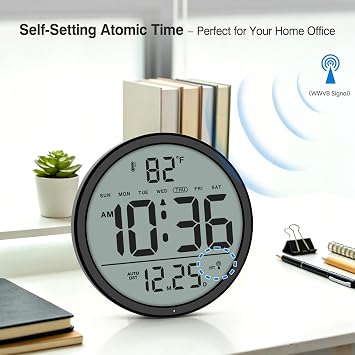WallarGe Backlit Atomic Clock, Self-Setting Digital Wall Clock, 8
