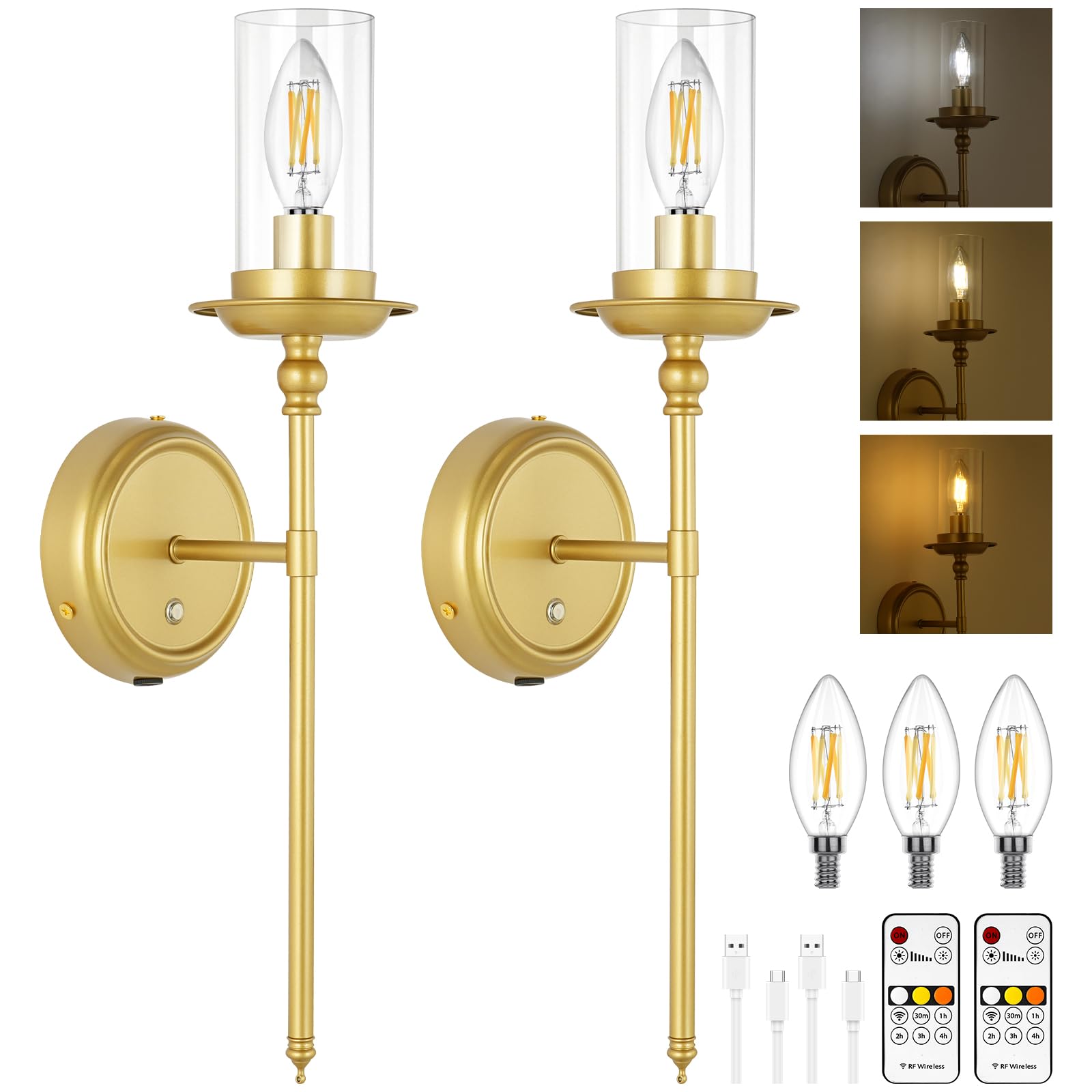 ABOHU Battery Operated Wall Sconce Set of 2, Rechargeable Wall Lights Indoor with 5200mAh Dimmable Detachable Bulbs & Remote, 3 Color Temperature Glass Wireless Sconces for Bedroom Living Room Hallway