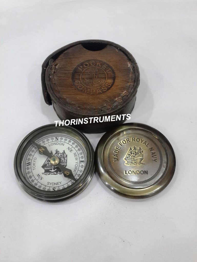 Antique Bronze Royal Navy Pocket Compass Brown Leather Case Rustic Vintage Home Decor Gifts