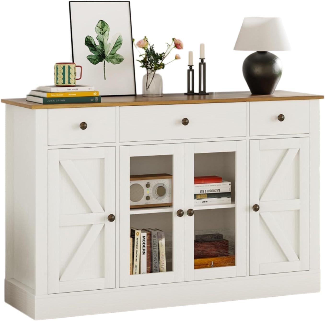 4 EVER WINNER 55" Buffet Cabinet with Storage, Farmhouse Coffee Bar Cabinet with Glass Doors and Drawers, Sideboard Cabinets with Adjustable Shelves for Living Room, Kitchen, White
