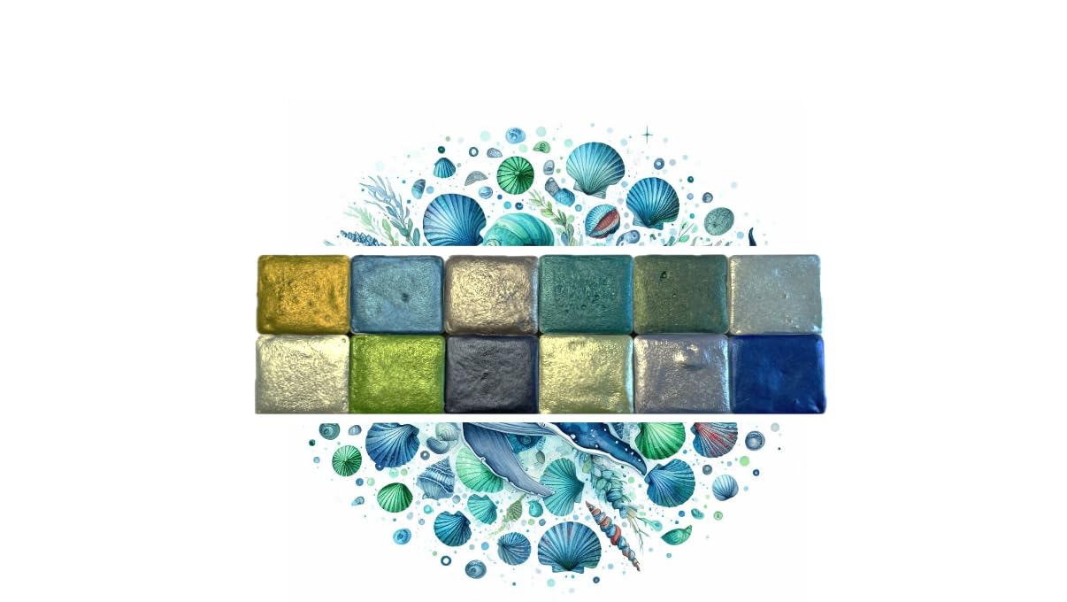 Aquarelle pailletée brillante set de 12 demi-godets artisanaux Mer du Nord