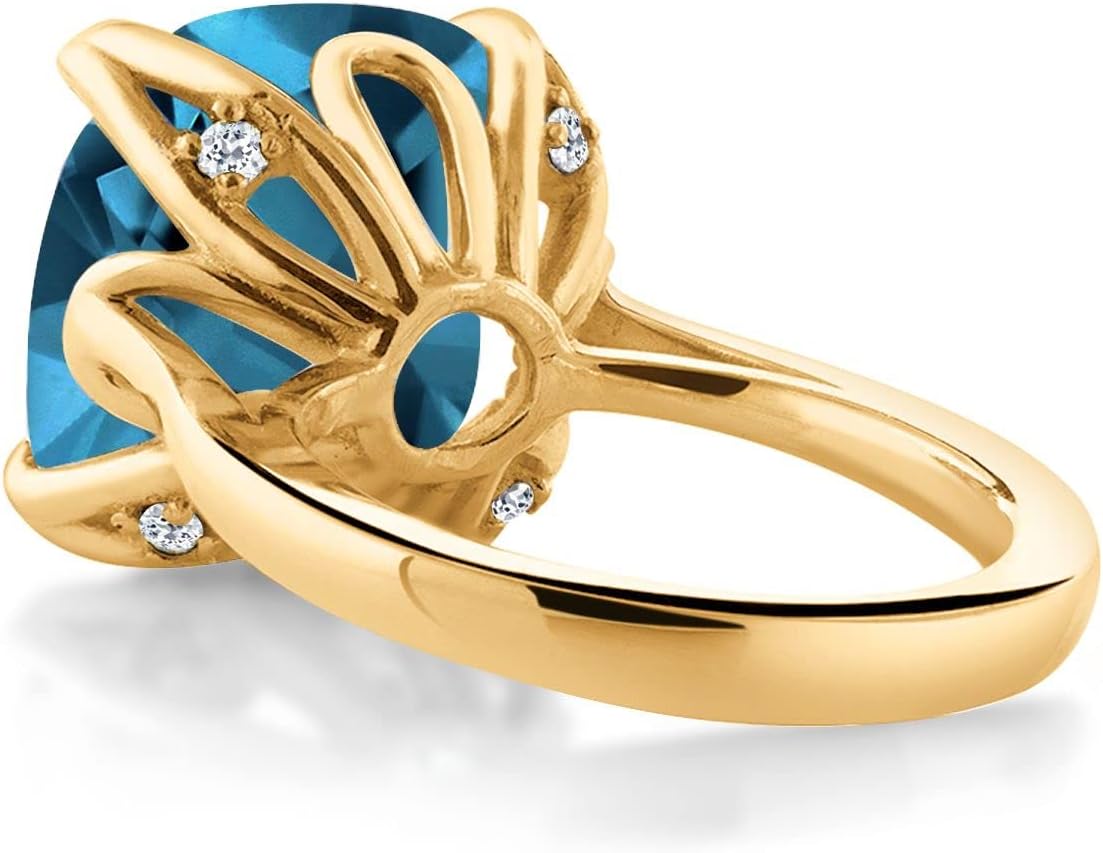 Gem Stone King 18K Yellow Gold Plated Silver London Blue Topaz and White Topaz Engagement Ring For Women (13.10 Cttw, 14MM Cushion)