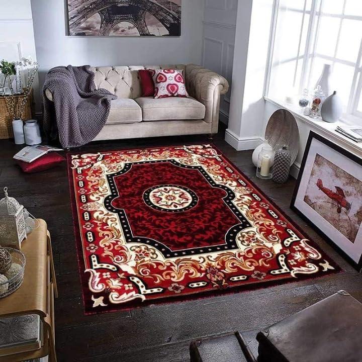 Image of Soft Thick Geometric Acrylic Washable Anti Skid Carpet. for Living Room Bedroom. Hall Size 8 x 11 feet (150X210 Cm) RED D27